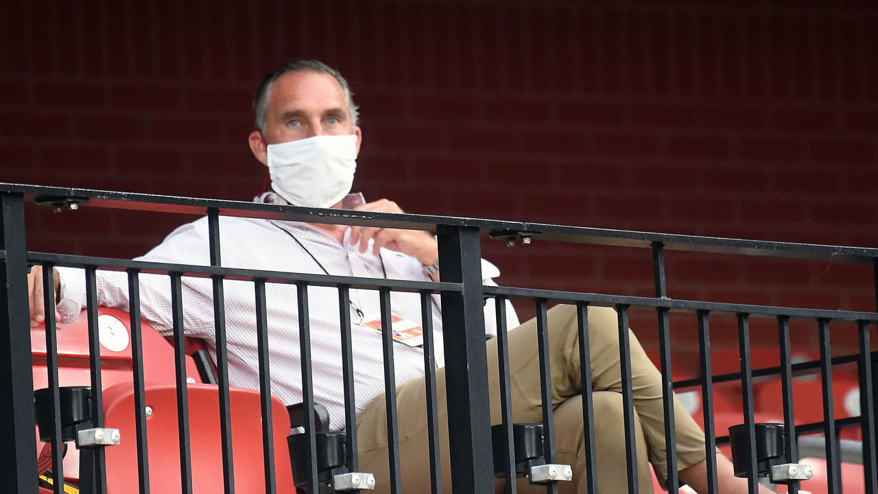 ST. LOUIS, MO - JULY 14: St. Louis Cardinals President of Baseball Operations John Mozeliak watches as the team plays an intrasquad game during the St. Louis Cardinals Summer Camp, on July 14, 2020, at Busch Stadium, St. Louis, MO. Photo by Keith Gillett/Icon Sportswire via Getty Images)