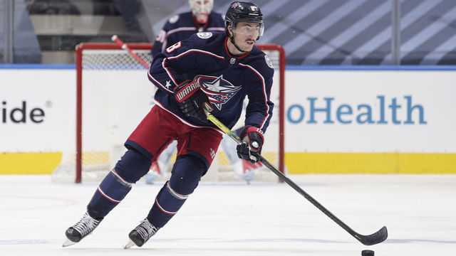 TORONTO, ONTARIO - JULY 30: Zach Werenski #8 of the Columbus Blue Jackets skates the puck through the neutral zone during an exhibition game against the Boston Bruins prior to the 2020 NHL Stanley Cup Playoffs at Scotiabank Arena on July 30, 2020 in Toronto, Ontario.