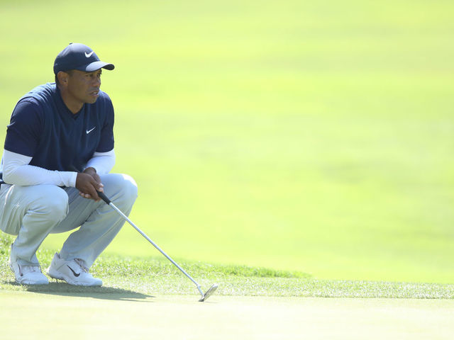 SAN FRANCISCO, CALIFORNIA - AUGUST 08: Tiger Woods of the United States lines up a putt on the sixth green during the third round of the 2020 PGA Championship at TPC Harding Park on August 08, 2020 in San Francisco, California.