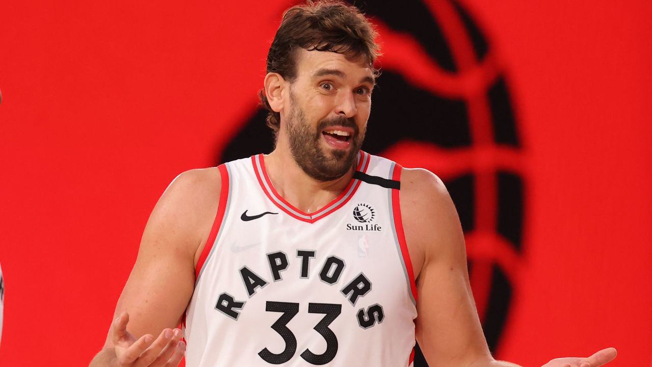 Orlando, FL - JULY 26: Marc Gasol #33 of the Toronto Raptors reacts to a play during a scrimmage against the Portland Trail Blazers on July 26, 2020 at Visa Athletic Center at ESPN Wide World of Sports in Orlando, Florida. NOTE TO USER: User expressly acknowledges and agrees that, by downloading and/or using this Photograph, user is consenting to the terms and conditions of the Getty Images License Agreement. Mandatory Copyright Notice: Copyright 2020 NBAE