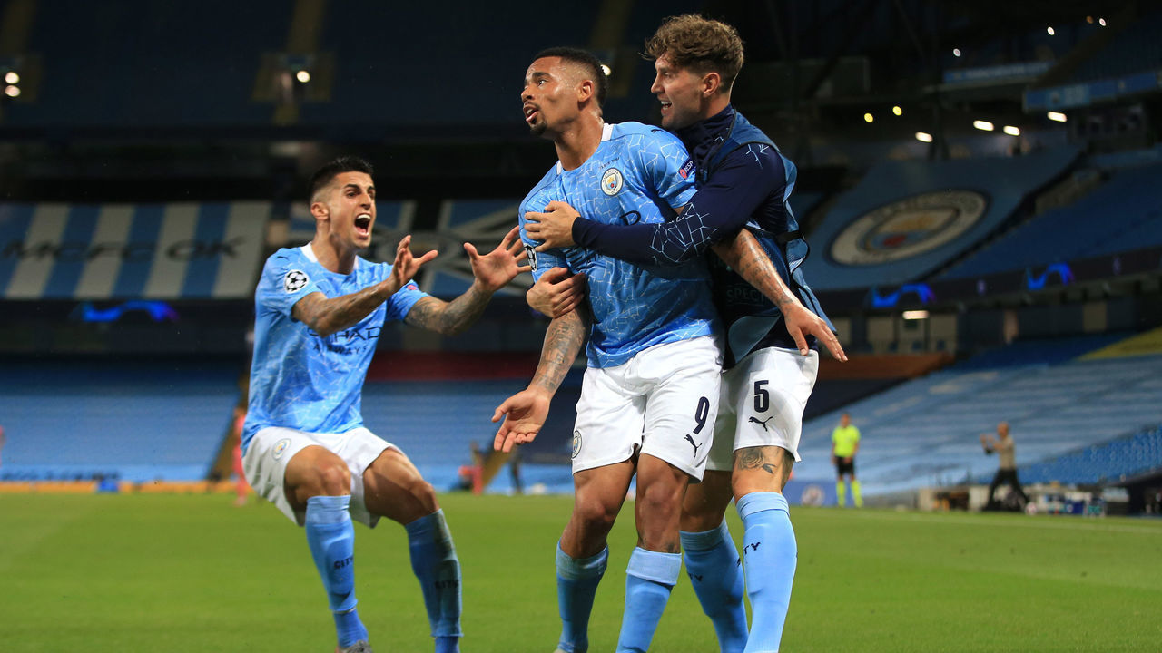 MANCHESTER, ENGLAND - AUGUST 07: Gabriel Jesus of Man City celebrates scoring their 2nd goal during the UEFA Champions League round of 16 second leg match between Manchester City and Real Madrid at Etihad Stadium on March 17, 2020 in Manchester, United Kingdom.