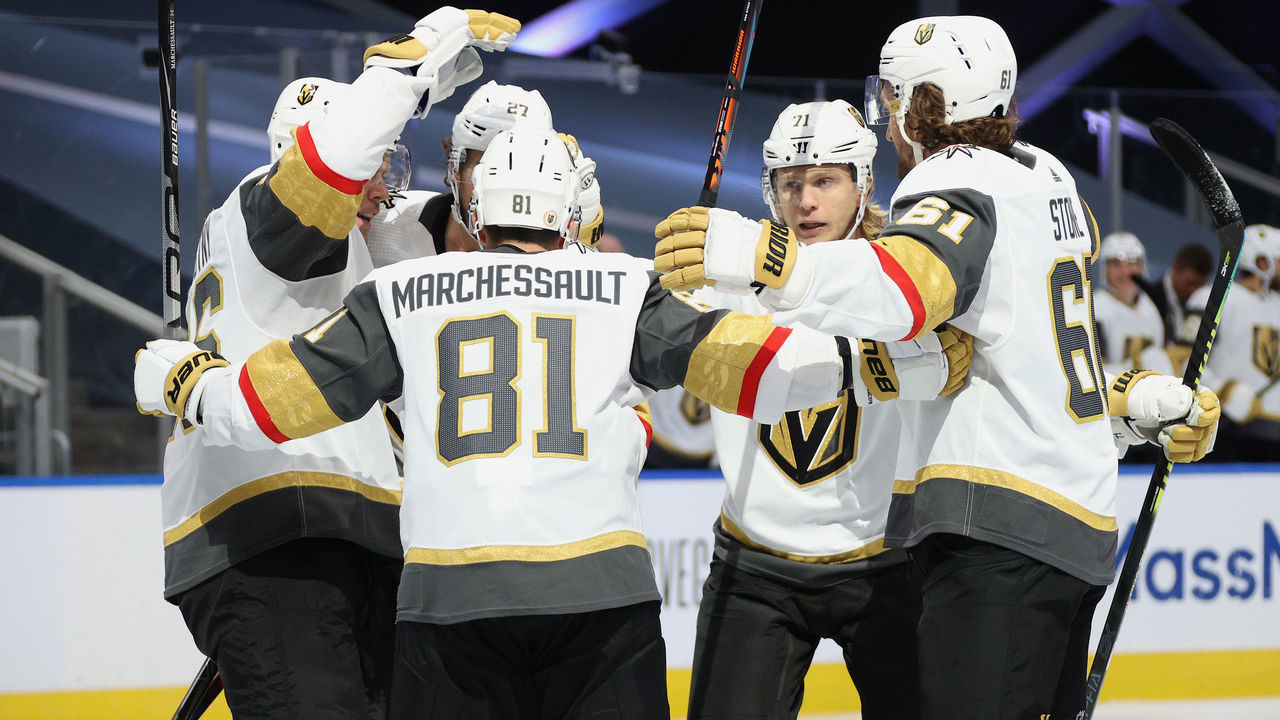 EDMONTON, ALBERTA - AUGUST 08: Jonathan Marchessault #81 of the Vegas Golden Knights celebrates with teammates Mark Stone #61, Paul Stastny #26, Shea Theodore #27 and William Karlsson #71 after Marchessault scored in the second period of a Round Robin game against the Colorado Avalanche during the 2020 NHL Stanley Cup Playoff at Rogers Place on August 08, 2020 in Edmonton, Alberta.