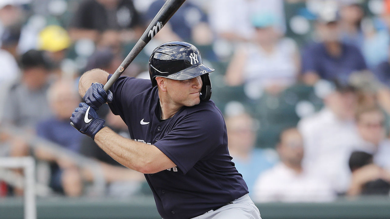 JUPITER, FLORIDA - MARCH 11: Chris Iannetta #22 of the New York Yankees in action against the Miami Marlins during a Grapefruit League spring training at Roger Dean Stadium on March 11, 2020 in Jupiter, Florida.