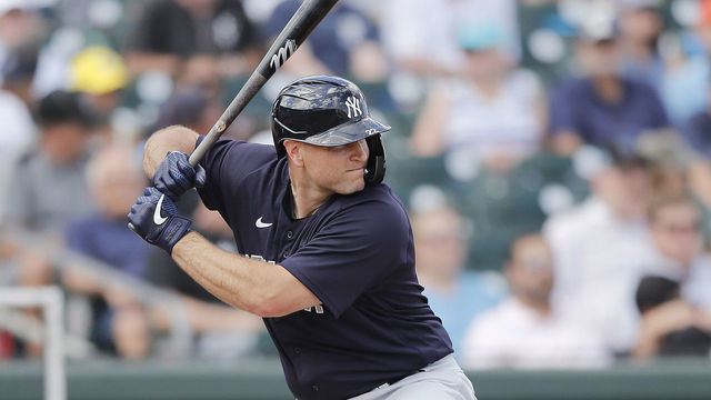 JUPITER, FLORIDA - MARCH 11: Chris Iannetta #22 of the New York Yankees in action against the Miami Marlins during a Grapefruit League spring training at Roger Dean Stadium on March 11, 2020 in Jupiter, Florida.