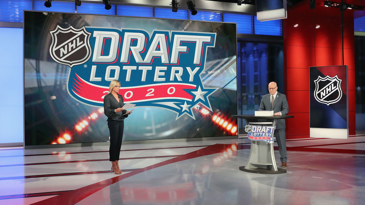 SECAUCUS, NEW JERSEY - JUNE 26: Broadcaster Kathryn Tappen and National Hockey League Deputy Commissioner Bill Daly announce draft positions during Phase 1 of the 2020 NHL Draft Lottery on June 26, 2020 at the NHL Network's studio in Secaucus, New Jersey.