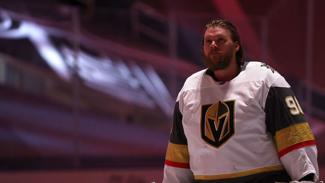 EDMONTON, ALBERTA - AUGUST 08: Goaltender Robin Lehner #90 of the Vegas Golden Knights looks on during pre-game ceremonies before a Round Robin game during the 2020 NHL Stanley Cup Playoff at Rogers Place on August 08, 2020 in Edmonton, Alberta.