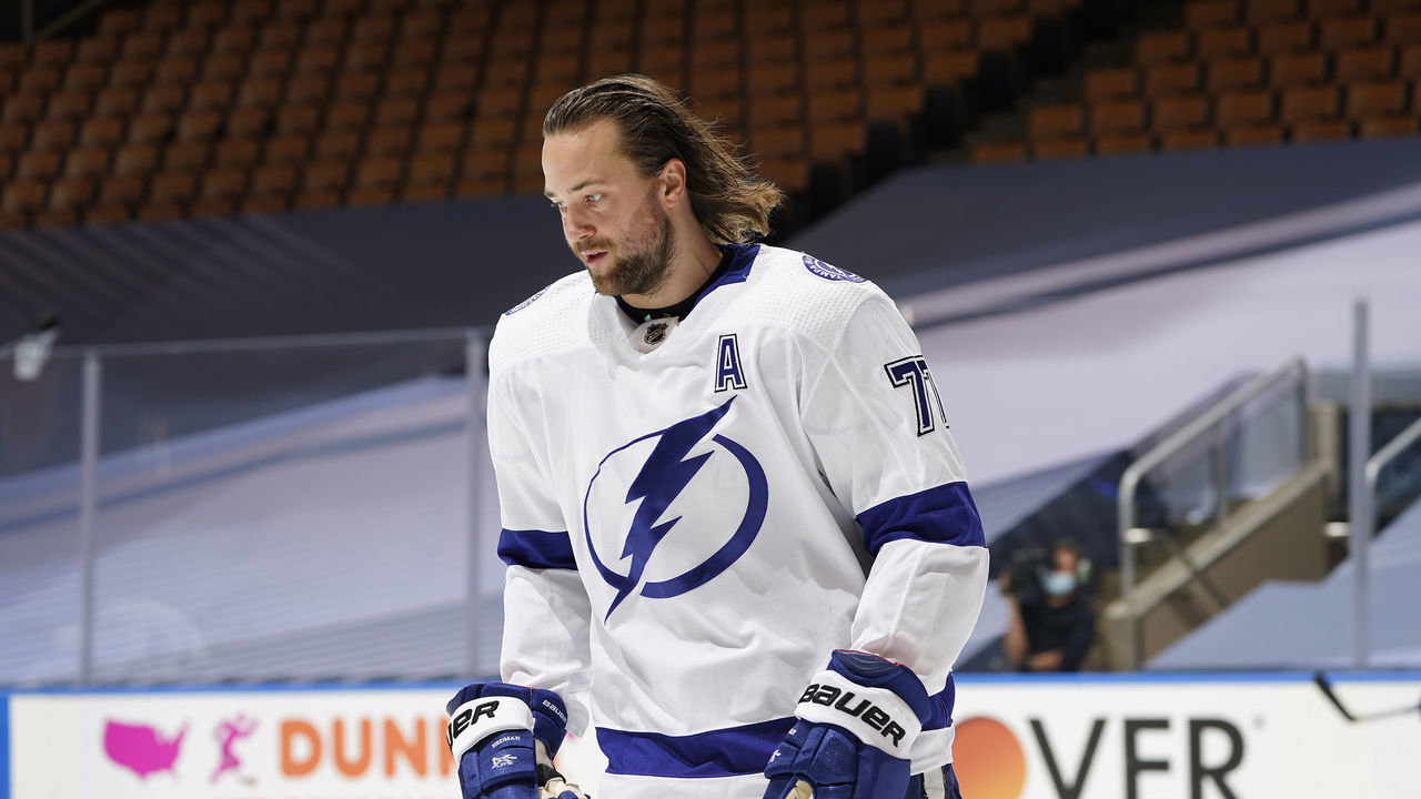 TORONTO, ONTARIO - AUGUST 05: Victor Hedman #77 of the Tampa Bay Lightning warms up before a Round Robin game during the 2020 NHL Stanley Cup Playoff at Scotiabank Arena on August 05, 2020 in Toronto, Ontario.