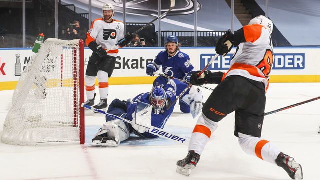 TORONTO, ONTARIO- AUGUST 08: Nicolas Aube-Kubel #62 of the Philadelphia Flyers scores his second goal of the game against Andrei Vasilevskiy #88 of the Tampa Bay Lightning during the first period in an Eastern Conference Round Robin game during the 2020 NHL Stanley Cup Playoff at Scotiabank Arena on August 08, 2020 in Toronto, Ontario.