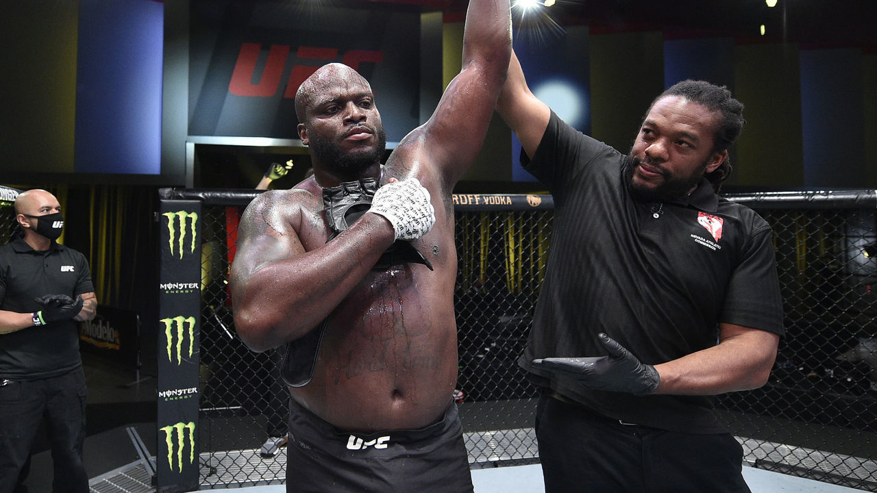 LAS VEGAS, NEVADA - AUGUST 08: Derrick Lewis reacts after his knockout over Aleksei Oleinik of Russia in their heavyweight fight during the UFC Fight Night event at UFC APEX on August 08, 2020 in Las Vegas, Nevada.
