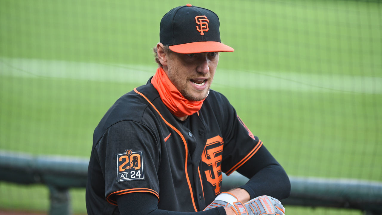 SAN FRANCISCO, CA - AUGUST 01: San Francisco Giants designated hitter Hunter Pence (8) during the Major League Baseball game between the Texas Rangers and the San Francisco Giants at Oracle Park on August 1, 2020 in San Francisco, CA.