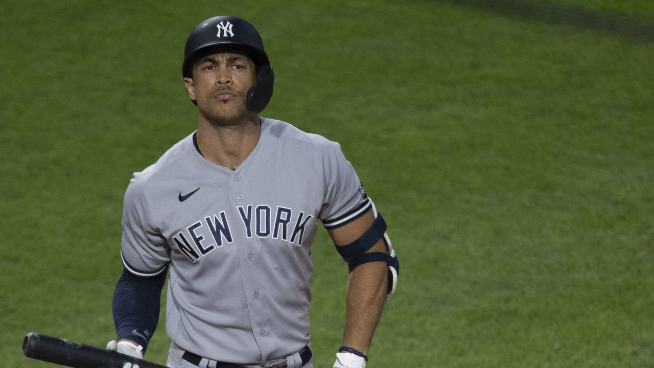 PHILADELPHIA, PA - AUGUST 06: Giancarlo Stanton #27 of the New York Yankees looks on against the Philadelphia Phillies at Citizens Bank Park on August 6, 2020 in Philadelphia, Pennsylvania. The Phillies defeated the Yankees 5-4.