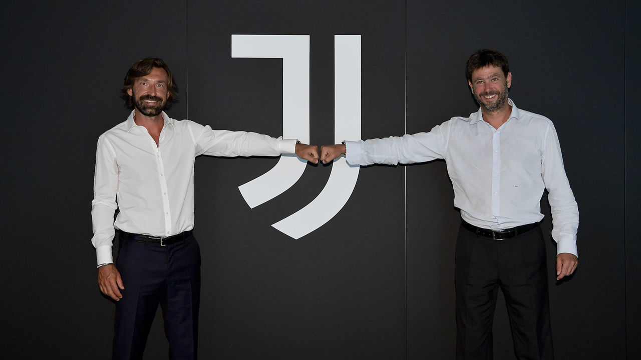 TURIN, ITALY - JULY 31: Andrea Pirlo and Andrea Agnelli during the signing of Andrea Pirlo as new U23 team coach at Allianz Stadium on July 31, 2020 in Turin, Italy.