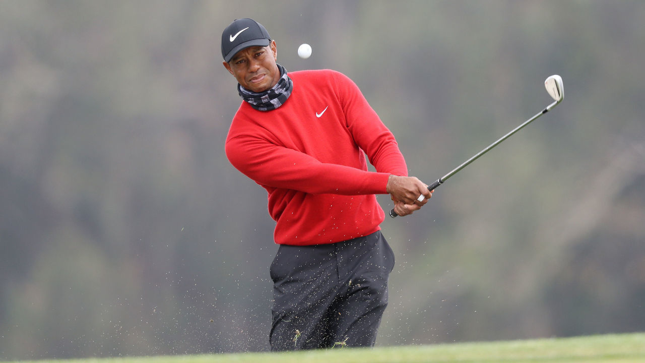 SAN FRANCISCO, CALIFORNIA - AUGUST 09: Tiger Woods of the United States plays a third shot from a bunker on the 16th hole during the final round of the 2020 PGA Championship at TPC Harding Park on August 09, 2020 in San Francisco, California.