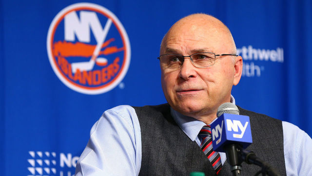 NEW YORK, NEW YORK - FEBRUARY 11: Head Coach Barry Trotz of the New York Islanders speaks to the media following the game against the Philadelphia Flyers at Barclays Center on February 11, 2020 in New York City. New York Islanders defeated the Philadelphia Flyers 5-3.