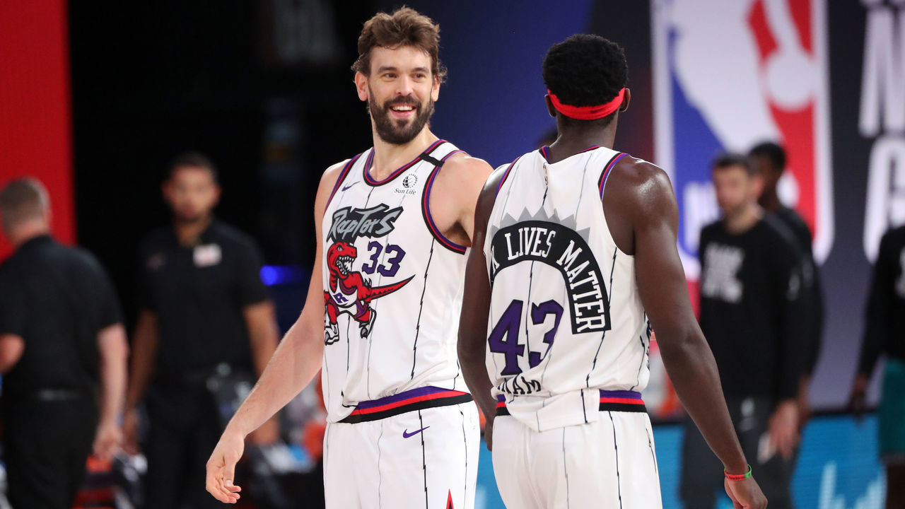 Orlando, FL - AUGUST 9: Marc Gasol #33 of the Toronto Raptors looks on during the game against the Memphis Grizzlies on August 9, 2020 at The Visa Athletic Center at ESPN Wide World Of Sports Complex in Reunion, Florida. NOTE TO USER: User expressly acknowledges and agrees that, by downloading and/or using this Photograph, user is consenting to the terms and conditions of the Getty Images License Agreement. Mandatory Copyright Notice: Copyright 2020 NBAE