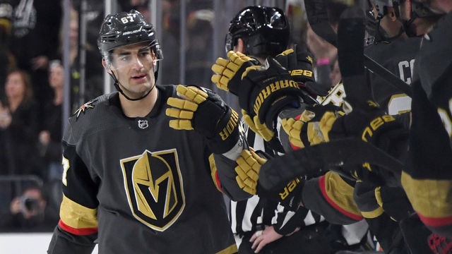 LAS VEGAS, NEVADA - FEBRUARY 26: Max Pacioretty #67 of the Vegas Golden Knights celebrates with teammates on the bench after scoring a first-period goal against the Edmonton Oilers during their game at T-Mobile Arena ion February 26, 2020 in Las Vegas, Nevada.