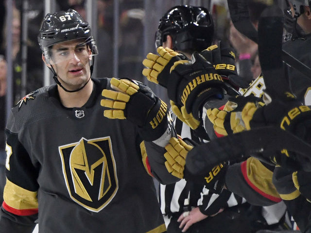 LAS VEGAS, NEVADA - FEBRUARY 26: Max Pacioretty #67 of the Vegas Golden Knights celebrates with teammates on the bench after scoring a first-period goal against the Edmonton Oilers during their game at T-Mobile Arena ion February 26, 2020 in Las Vegas, Nevada.