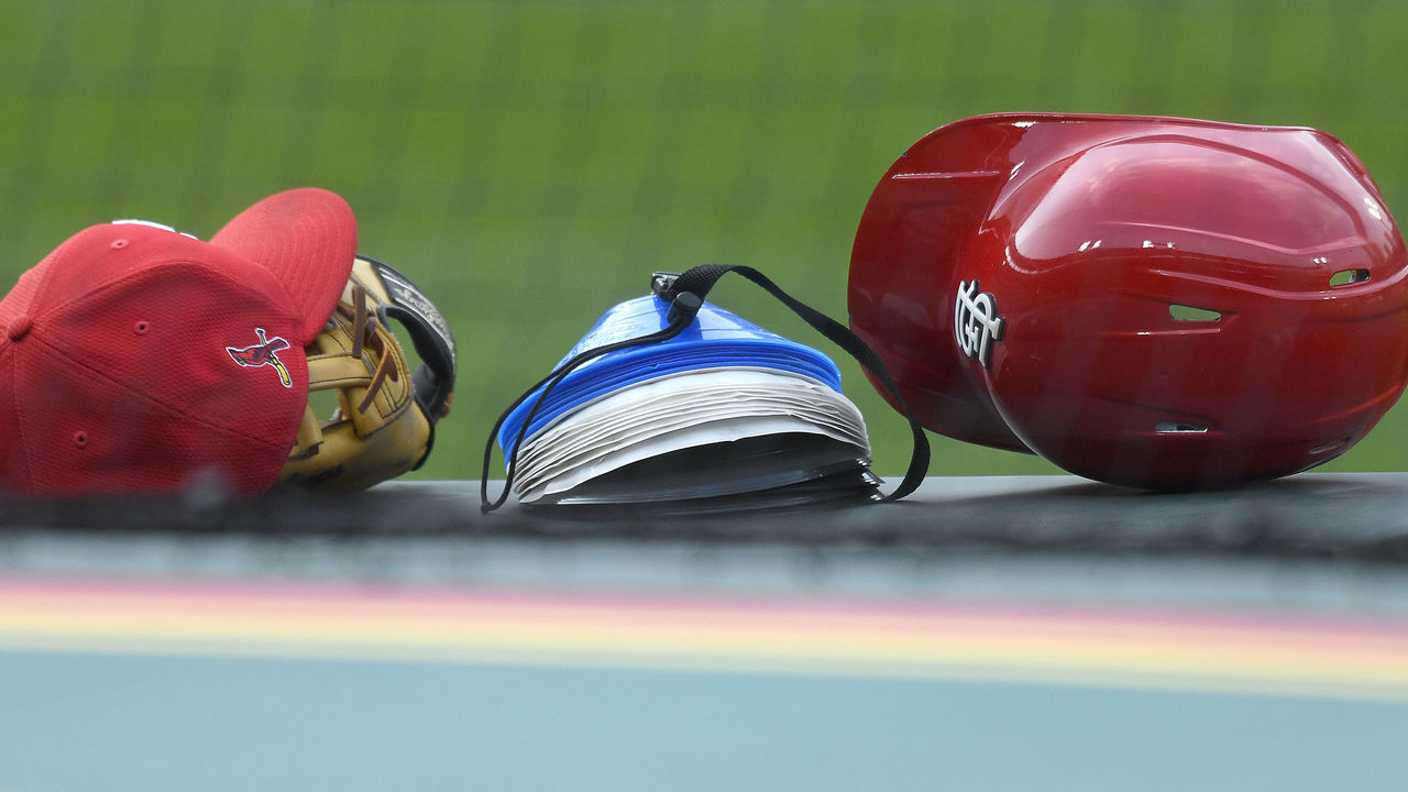 ST. LOUIS, MO - JULY 07: A cap, glove, medical masks, and a batting helmet are seen on top of the dugout during the St. Louis Cardinals Summer Camp, on July 07, 2020, at Busch Stadium, St. Louis, MO. Photo by Keith Gillett/Icon Sportswire via Getty Images)
