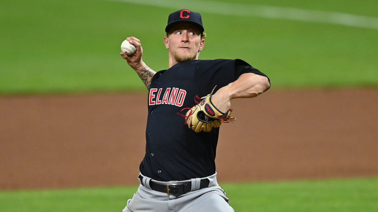 CINCINNATI, OH - AUGUST 3: Zach Plesac #34 of the Cleveland Indians pitches against the Cincinnati Reds at Great American Ball Park on August 3, 2020 in Cincinnati, Ohio.