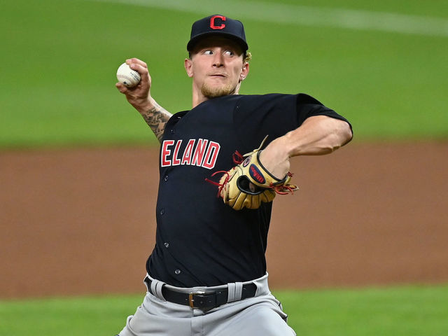 CINCINNATI, OH - AUGUST 3: Zach Plesac #34 of the Cleveland Indians pitches against the Cincinnati Reds at Great American Ball Park on August 3, 2020 in Cincinnati, Ohio.