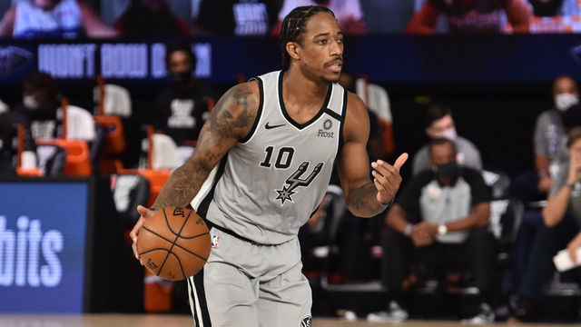 ORLANDO, FL - AUGUST 9: DeMar DeRozan #10 of the San Antonio Spurs dribbles the ball against the New Orleans Pelicans on August 9, 2020 in Orlando, Florida at The Field House. NOTE TO USER: User expressly acknowledges and agrees that, by downloading and/or using this photograph, user is consenting to the terms and conditions of the Getty Images License Agreement. Mandatory Copyright Notice: Copyright 2020 NBAE