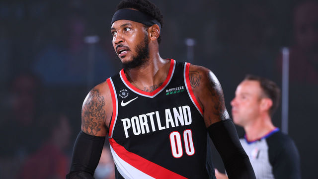 Orlando, FL - AUGUST 6: Carmelo Anthony #00 of the Portland Trail Blazers looks on during the game against the Denver Nuggets on August 6, 2020 at Visa Athletic Center at ESPN Wide World of Sports in Orlando, Florida. NOTE TO USER: User expressly acknowledges and agrees that, by downloading and/or using this Photograph, user is consenting to the terms and conditions of the Getty Images License Agreement. Mandatory Copyright Notice: Copyright 2020 NBAE