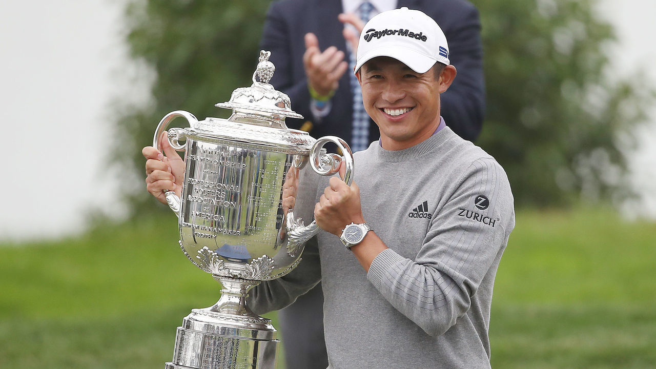 SAN FRANCISCO, CALIFORNIA - AUGUST 09: Collin Morikawa of the United States celebrates with the Wanamaker Trophy after winning during the final round of the 2020 PGA Championship at TPC Harding Park on August 09, 2020 in San Francisco, California.