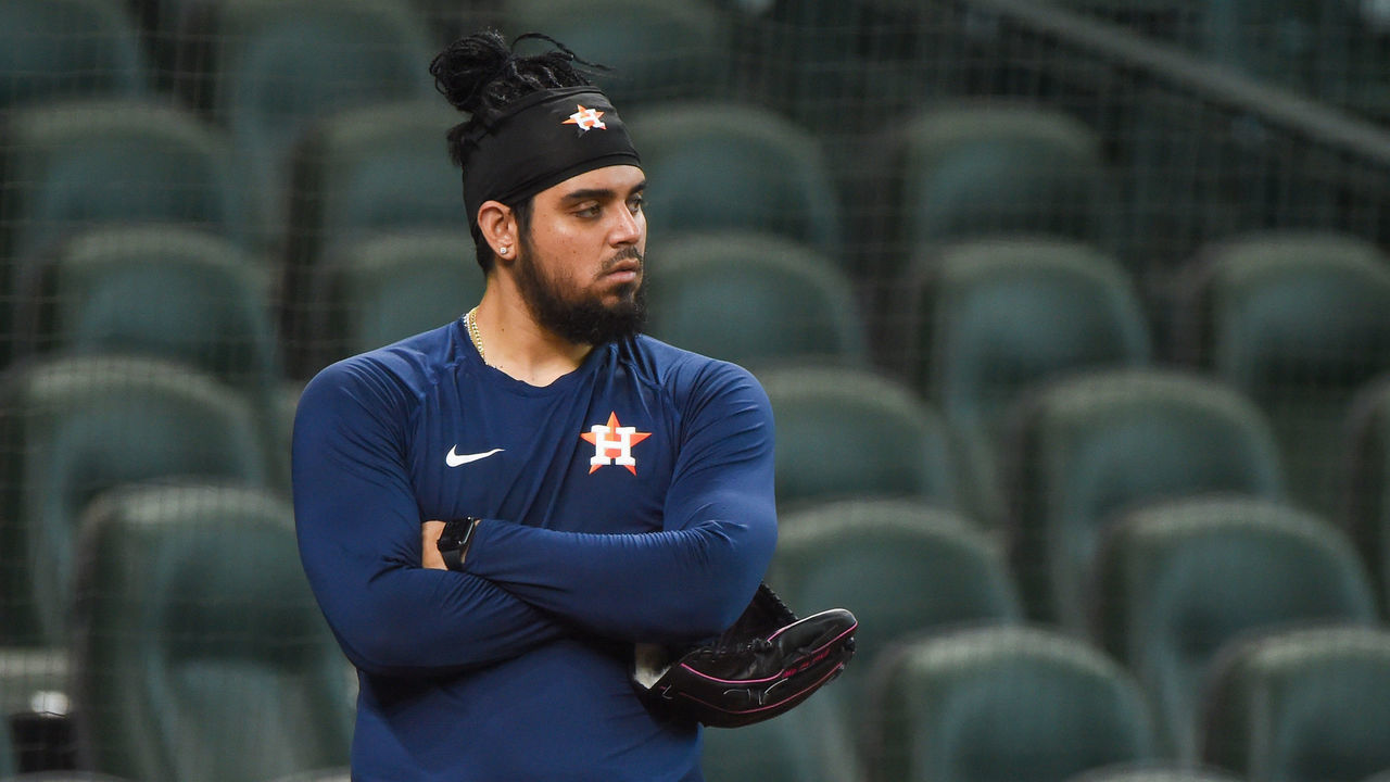 HOUSTON, TX - JULY 16: Houston Astros pitcher, Roberto Osuna (54) watches batting practice from behind the cage during Astros Summer Camp at Minute Maid Park on Thursday, July 16, 2020 in Houston, TX.
