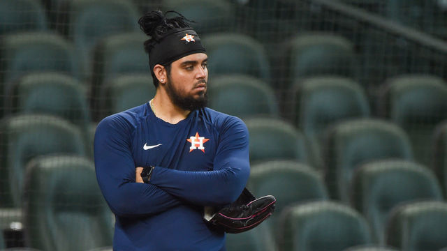 HOUSTON, TX - JULY 16: Houston Astros pitcher, Roberto Osuna (54) watches batting practice from behind the cage during Astros Summer Camp at Minute Maid Park on Thursday, July 16, 2020 in Houston, TX.