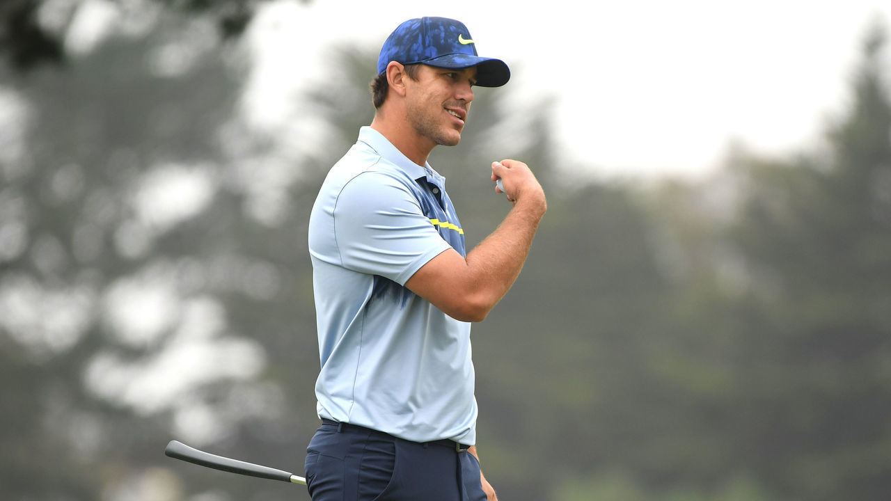 SAN FRANCISCO, CALIFORNIA - AUGUST 09: Brooks Koepka of the United States reacts to a missed putt for birdie on the tenth hole during the final round of the 2020 PGA Championship at TPC Harding Park on August 09, 2020 in San Francisco, California.