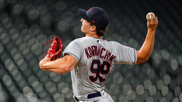 MINNEAPOLIS, MN - JULY 30: James Karinchak #99 of the Cleveland Indians pitches against the Minnesota Twins on July 30, 2020 at Target Field in Minneapolis, Minnesota.