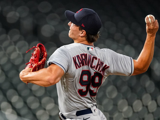 MINNEAPOLIS, MN - JULY 30: James Karinchak #99 of the Cleveland Indians pitches against the Minnesota Twins on July 30, 2020 at Target Field in Minneapolis, Minnesota.