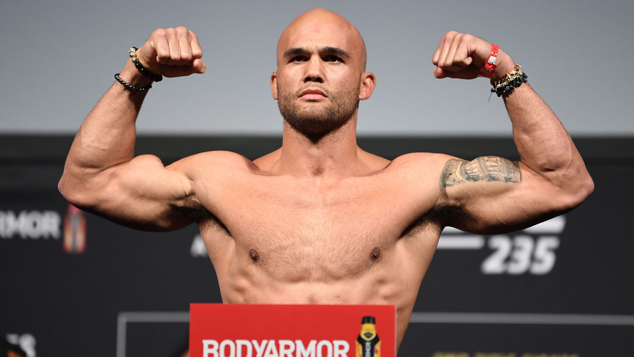 LAS VEGAS, NV - MARCH 01: Robbie Lawler poses on the scale during the UFC 235 weigh-in at T-Mobile Arena on March 01, 2019 in Las Vegas, Nevada.