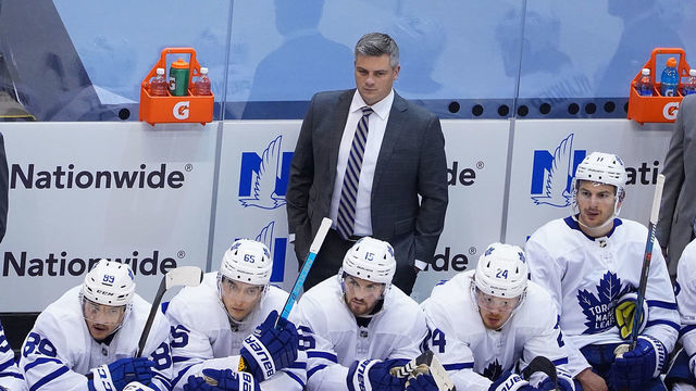 TORONTO, ONTARIO - AUGUST 07: Head Coach Sheldon Keefe of the Toronto Maple Leafs looks on from the bench against the Columbus Blue Jackets in Game Four of the Eastern Conference Qualification Round prior to the 2020 NHL Stanley Cup Playoffs at Scotiabank Arena on August 07, 2020 in Toronto, Ontario.