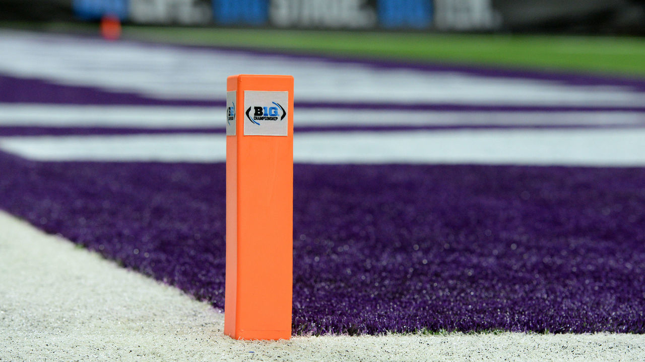 INDIANAPOLIS, IN - DECEMBER 01: The Big Ten Conference logo is displayed on the end zone pylon during the Big Ten Conference Championship game between the Northwestern Wildcats and the Ohio State Buckeyes on December 1, 2018, at Lucas Oil Stadium in Indianapolis, Indiana.