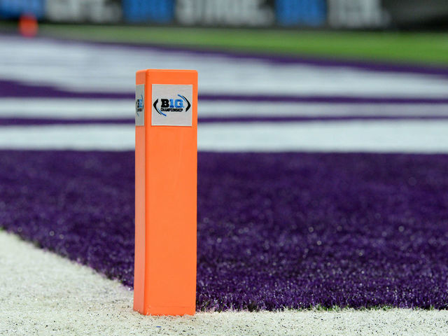 INDIANAPOLIS, IN - DECEMBER 01: The Big Ten Conference logo is displayed on the end zone pylon during the Big Ten Conference Championship game between the Northwestern Wildcats and the Ohio State Buckeyes on December 1, 2018, at Lucas Oil Stadium in Indianapolis, Indiana.