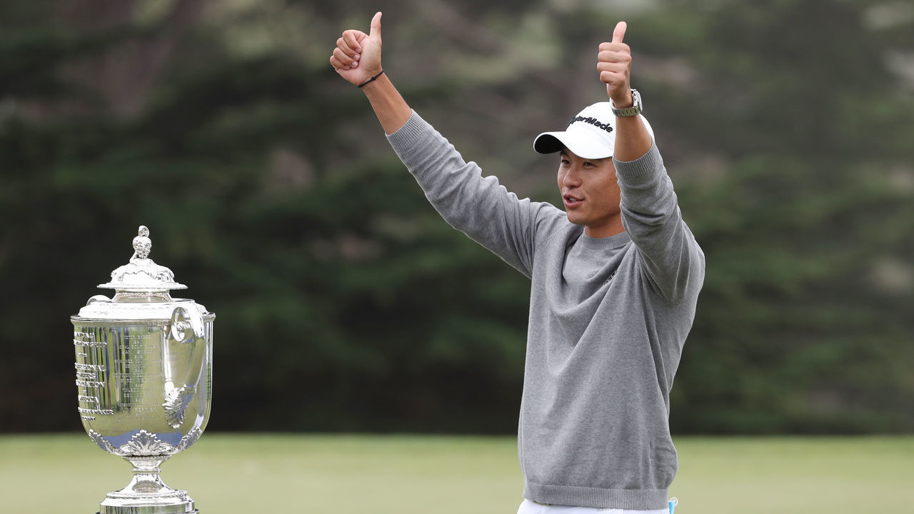 SAN FRANCISCO, CALIFORNIA - AUGUST 09: Collin Morikawa of the United States celebrates with the Wanamaker Trophy after the final round of the 2020 PGA Championship at TPC Harding Park on August 09, 2020 in San Francisco, California.