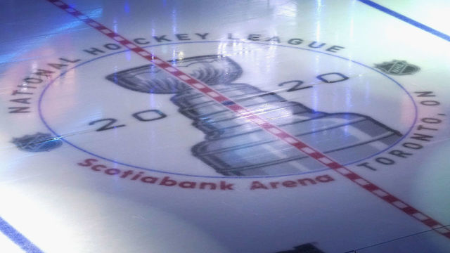 TORONTO, ONTARIO - JULY 29: A general view of the in ice logos prior to the exhibition game between the Colorado Avalanche and the Minnesota Wild before the 2020 NHL Stanley Cup Playoffs at Scotiabank Arena on July 29, 2020 in Toronto, Ontario, Canada.