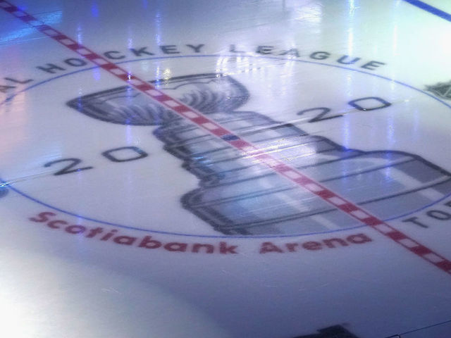 TORONTO, ONTARIO - JULY 29: A general view of the in ice logos prior to the exhibition game between the Colorado Avalanche and the Minnesota Wild before the 2020 NHL Stanley Cup Playoffs at Scotiabank Arena on July 29, 2020 in Toronto, Ontario, Canada.