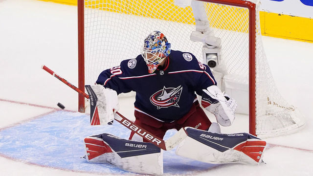 TORONTO, ONTARIO - AUGUST 07: Elvis Merzlikins #90 of the Columbus Blue Jackets makes a save against the Toronto Maple Leafs in Game Four of the Eastern Conference Qualification Round prior to the 2020 NHL Stanley Cup Playoffs at Scotiabank Arena on August 07, 2020 in Toronto, Ontario.