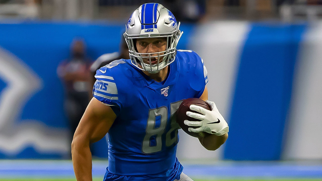 DETROIT, MI - AUGUST 23: T.J. Hockenson #88 of the Detroit Lions runs with the football against the Buffalo Bills during the 1st half of an NFL Pre-season game at Ford Field on August 23, 2019 in Detroit, Michigan. Buffalo defeated Detroit 24-20.