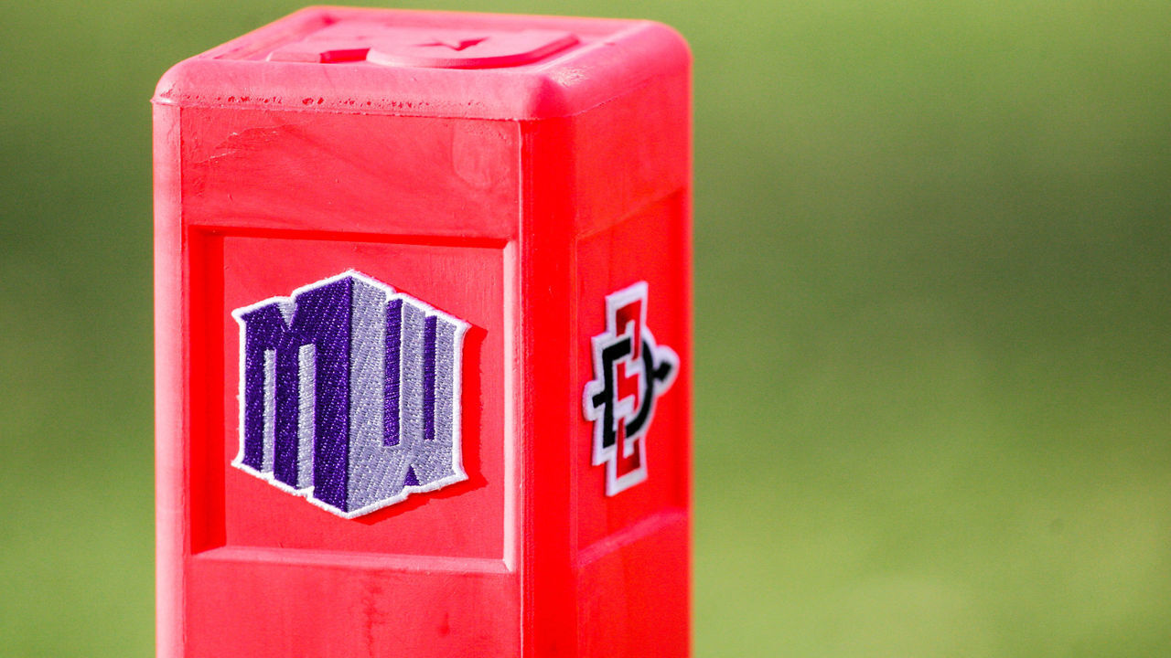 SAN DIEGO, CA - SEPTEMBER 03: End zone markers with logos of the Mountain West and of the San Diego State Aztecs used during the game against the New Hampshire Wildcats at Qualcomm Stadium on September 3, 2016 in San Diego, California.