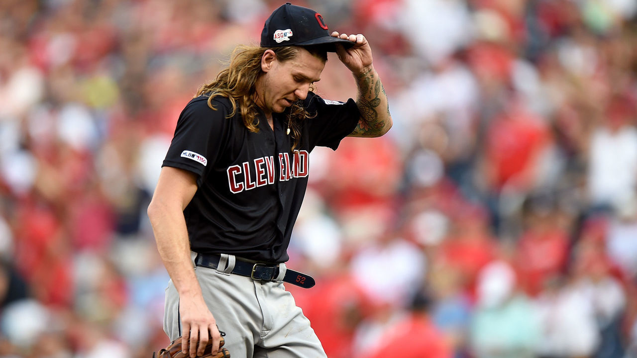 WASHINGTON, DC - SEPTEMBER 29: Mike Clevinger #52 of the Cleveland Indians walks to the dugout after being taken out of the game in the sixth inning against the Washington Nationals at Nationals Park on September 29, 2019 in Washington, DC.