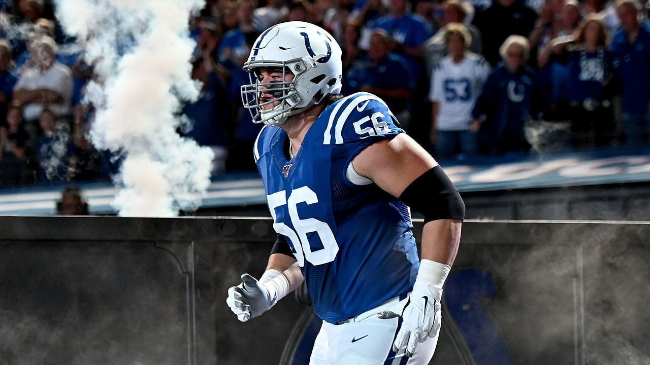 INDIANAPOLIS, IN - SEPTEMBER 22: Quenton Nelson #56 of the Indianapolis Colts takes the field before the start of the game against the Atlanta Falcons at Lucas Oil Stadium on September 22, 2019 in Indianapolis, Indiana.