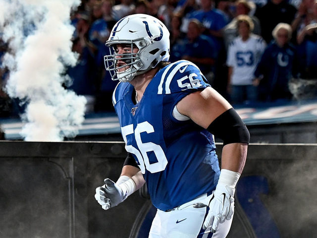 INDIANAPOLIS, IN - SEPTEMBER 22: Quenton Nelson #56 of the Indianapolis Colts takes the field before the start of the game against the Atlanta Falcons at Lucas Oil Stadium on September 22, 2019 in Indianapolis, Indiana.