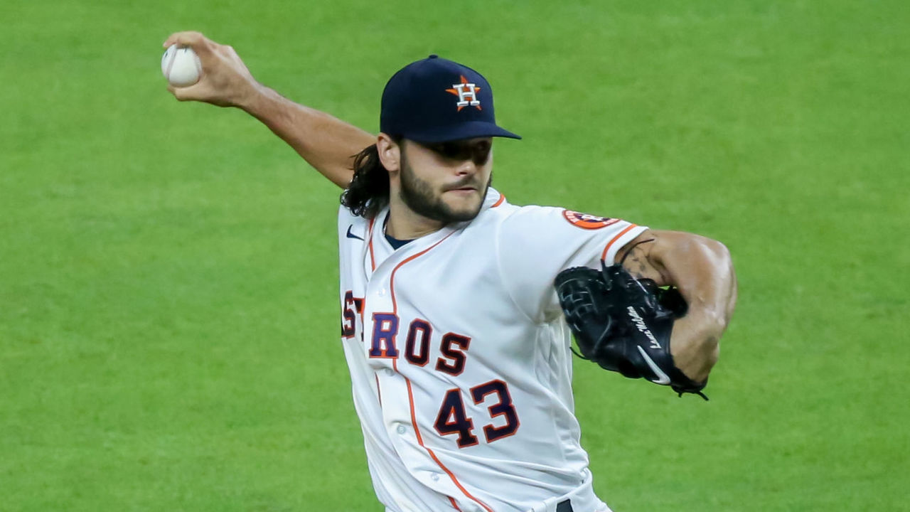 HOUSTON, TX - AUGUST 10: Houston Astros starting pitcher Lance McCullers Jr. (43) throws a pitch in the top of the sixth inning during the MLB game between the San Francisco Giants and Houston Astros on August 10, 2020 at Minute Maid Park in Houston, Texas.