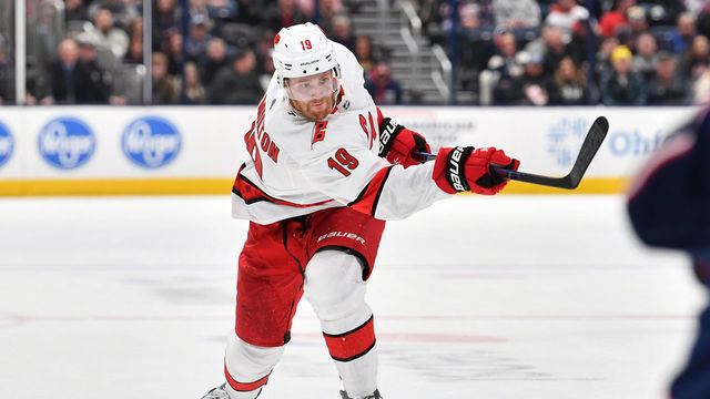COLUMBUS, OH - JANUARY 16: Dougie Hamilton #19 of the Carolina Hurricanes skates against the Columbus Blue Jackets on January 16, 2020 at Nationwide Arena in Columbus, Ohio.
