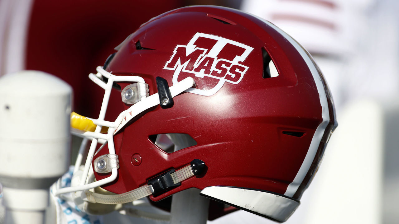 EVANSTON, ILLINOIS - NOVEMBER 16: Massachusetts Minutemen helmet on the sidelines in the game against the Northwestern Wildcats at Ryan Field on November 16, 2019 in Evanston, Illinois.