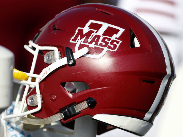 EVANSTON, ILLINOIS - NOVEMBER 16: Massachusetts Minutemen helmet on the sidelines in the game against the Northwestern Wildcats at Ryan Field on November 16, 2019 in Evanston, Illinois.