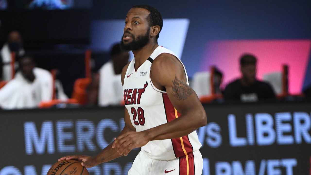 Orlando, FL - AUGUST 1: Andre Iguodala #28 of the Miami Heat handles the ball against the Denver Nuggets during a game on August 1, 2020 at HP Field House at ESPN Wide World of Sports in Orlando, Florida. NOTE TO USER: User expressly acknowledges and agrees that, by downloading and/or using this Photograph, user is consenting to the terms and conditions of the Getty Images License Agreement. Mandatory Copyright Notice: Copyright 2020 NBAE